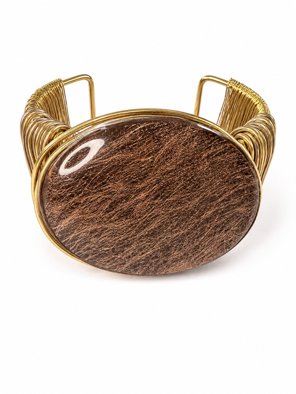 New Oversized Gold Tone Wire Cuff Bracelet with Brown‎ Resin Cabochon Statement